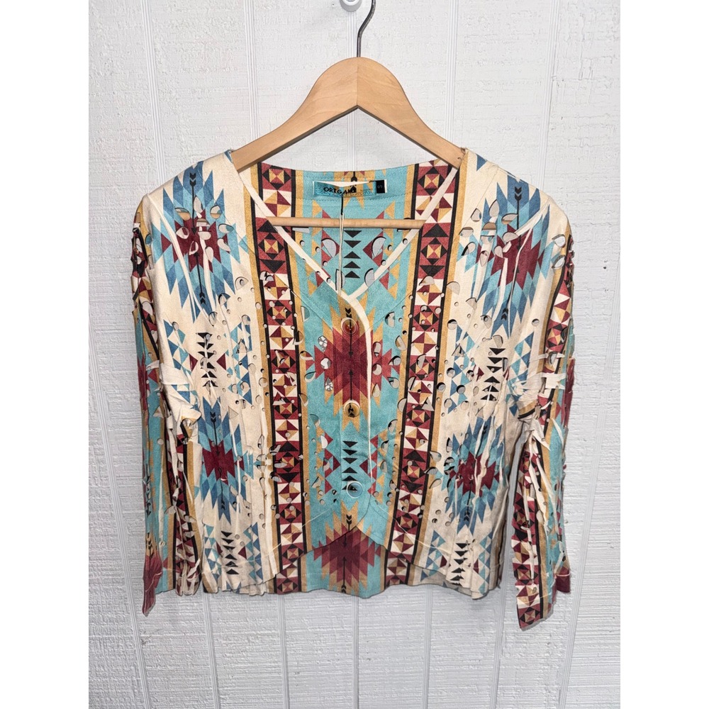 Origami by Vivien Top Womens Small Turquoise Southwestern Laser Cut Faux Suede S